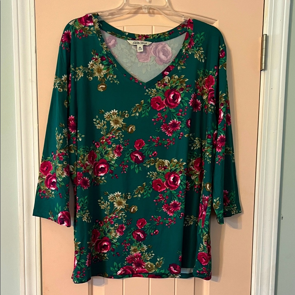 The Pioneer Woman Teal Floral V-Neck Tunic with Fuchsia Blooms